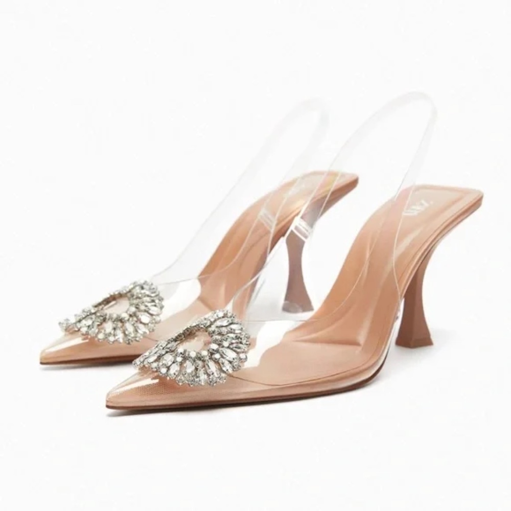Zara EMBELLISHED VINYL HEELED SHOES NATURAL size 9